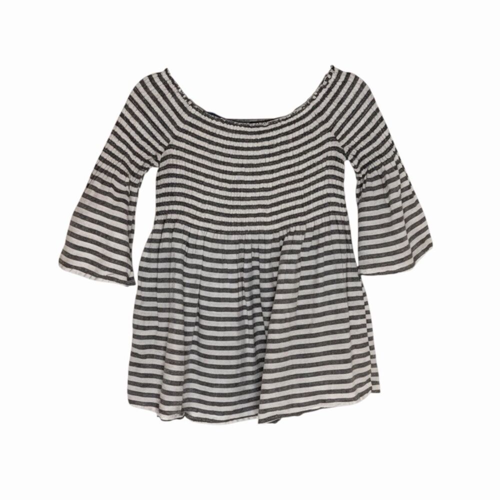C & C California Linen Babydoll Smocked Top Blouse Shirt Gray White M